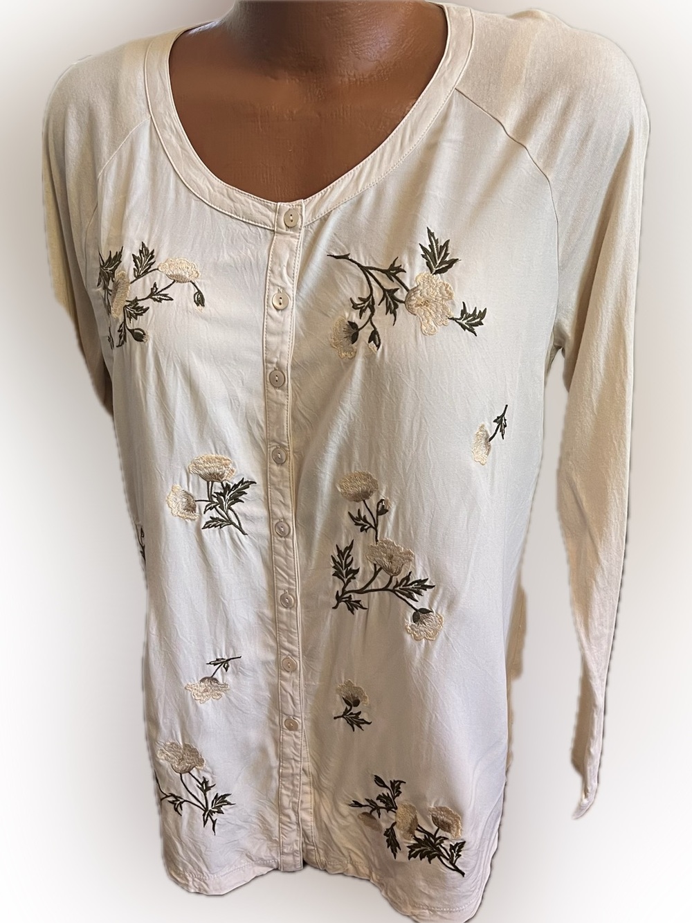 J.Jill embroidered woven front shirt floral detailing jersey back tunic L